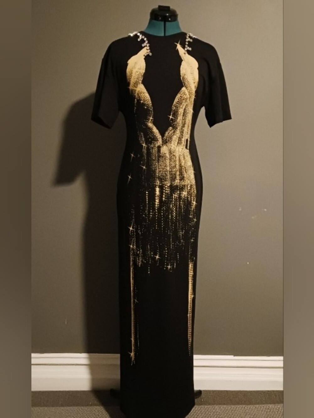 AREA Crystal/ Black Maxi Dress with Gold Foil Detail, Size S